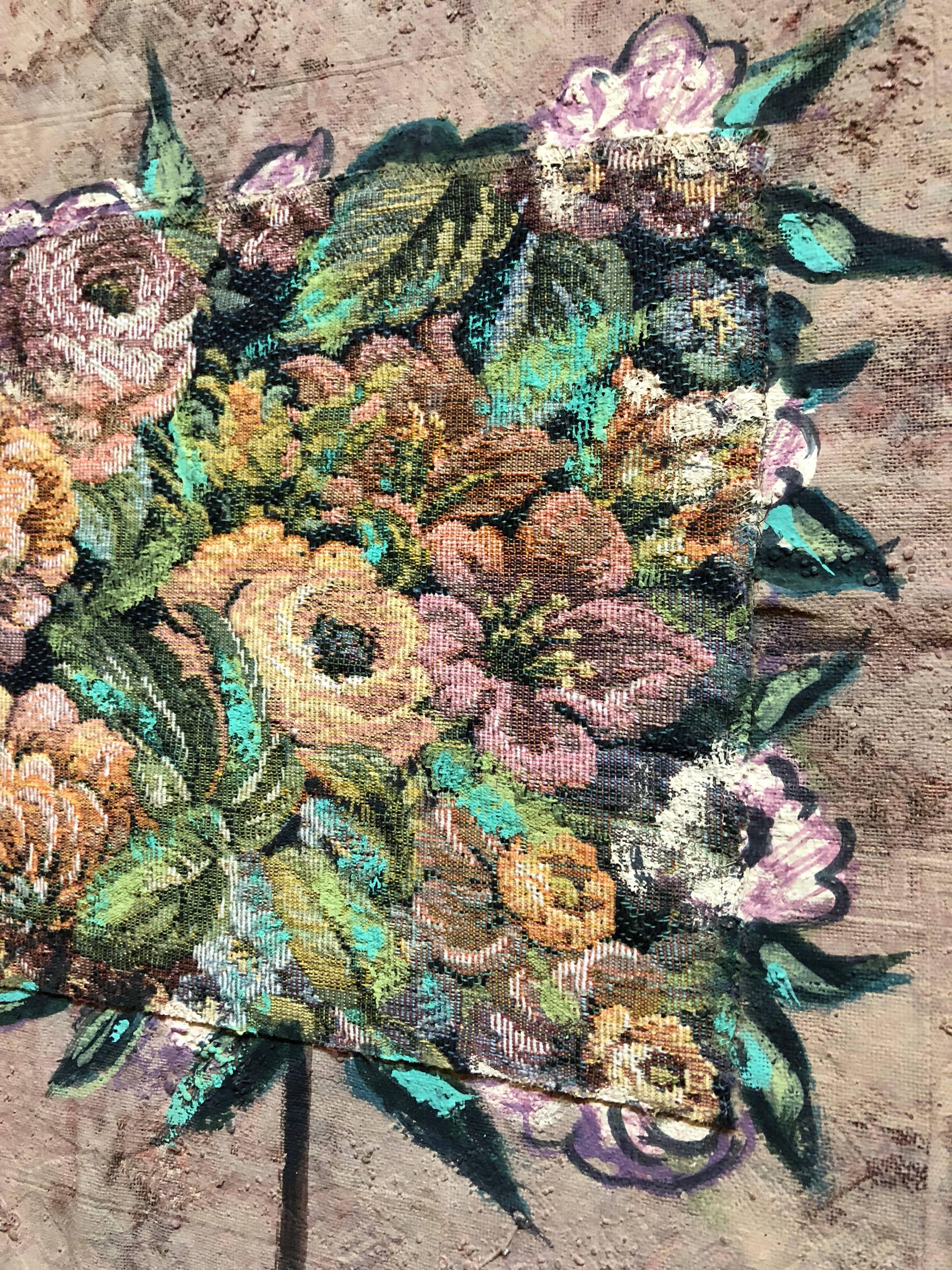 Peinture à l'huile technique mixte à motifs floraux - Collage de fleurs en vente 1