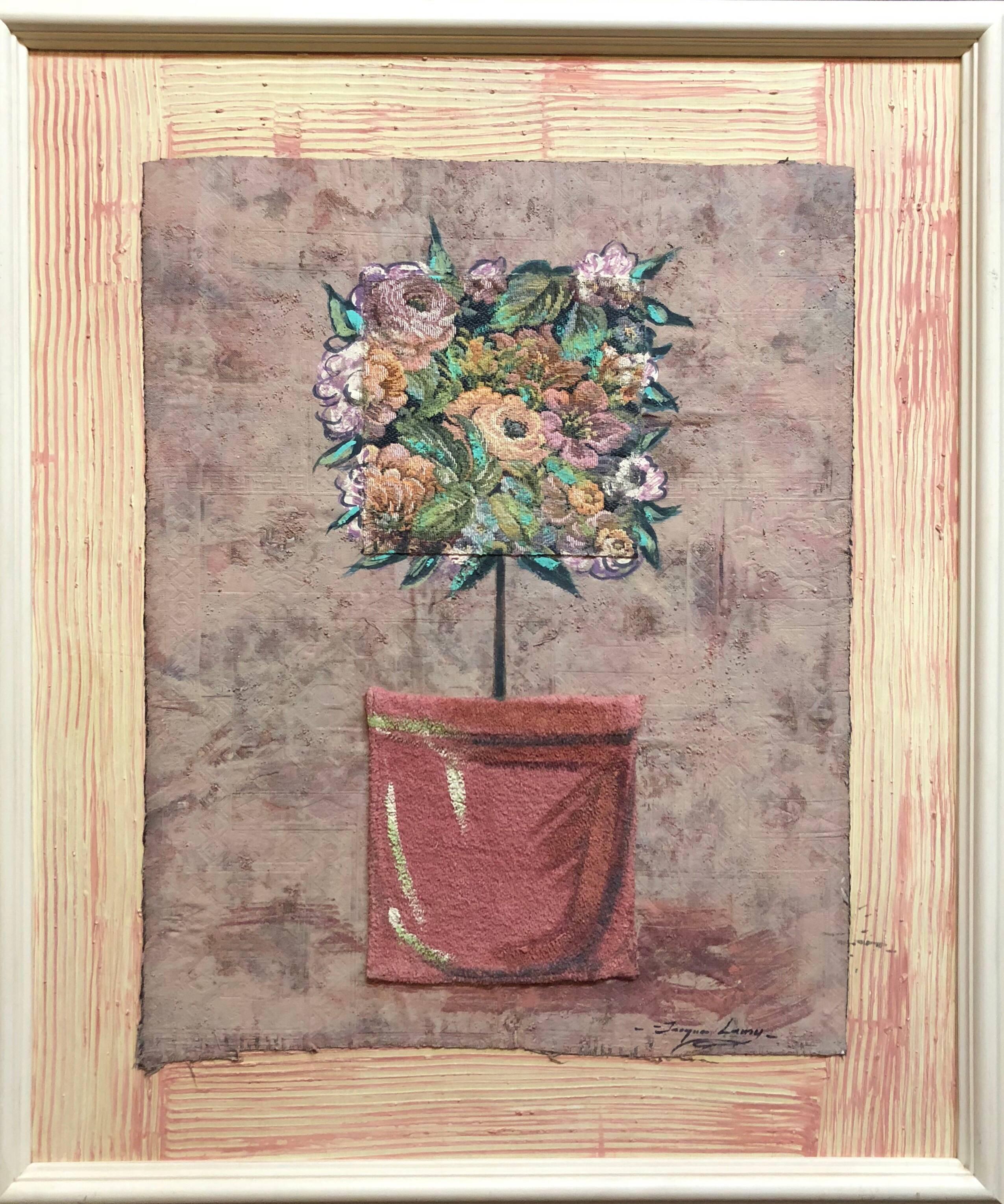 Jacques Lamy Still-Life Painting - Mixed Media Floral Oil Painting Collage Bouquet of Flowers