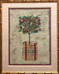 Techniques mixtes, peinture à l'huile florale, collage, bouquet de fleurs, topiaire