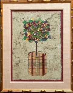 Techniques mixtes, peinture à l'huile florale, collage, bouquet de fleurs, topiaire