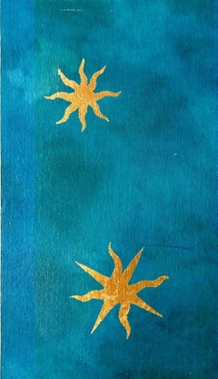 Abstraktes Ölgemälde mit blattgoldenen Sternen, 1 von 2