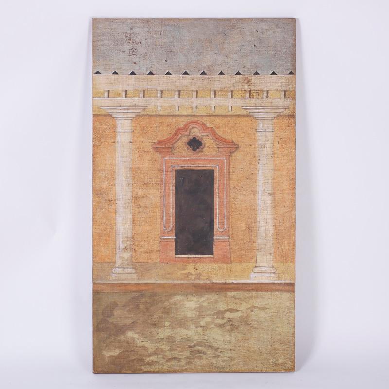 Peinture à l'huile sur toile de jute représentant une porte et deux colonnes, exécutée dans un style de fresque antique. L'association d'une simplicité moderne et d'une technique ancestrale confère à cette pièce un attrait intemporel. Signé Jacques
