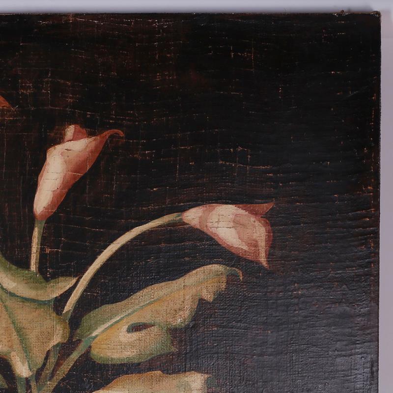 Oil Painting on Burlap of Lily Flowers - Gray Still-Life Painting by Jacques Lamy