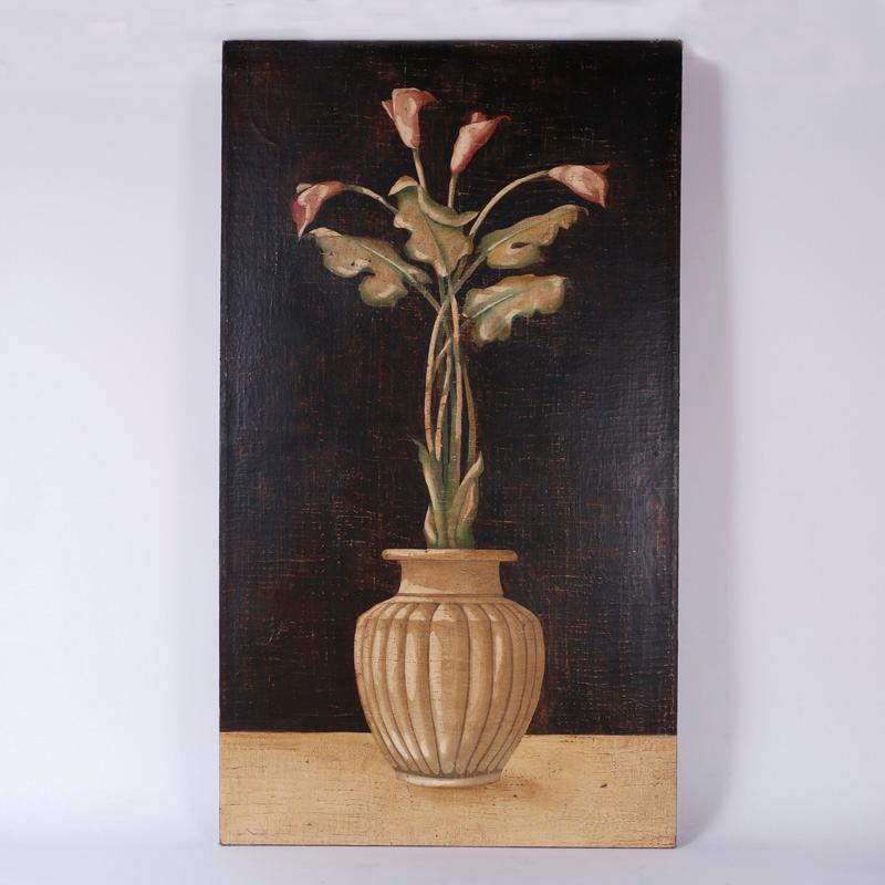 Jacques Lamy Still-Life Painting - Oil Painting on Burlap of Lily Flowers