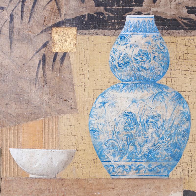 Pintura al óleo sobre lino, a la manera del fresco, que tiene la sensación de un collage o un montaje, pero es una inteligente interpretación pintada. Tiene influencia clásica y Asian Modern, que crea su propio género. Firmado Jacques Lamy en la