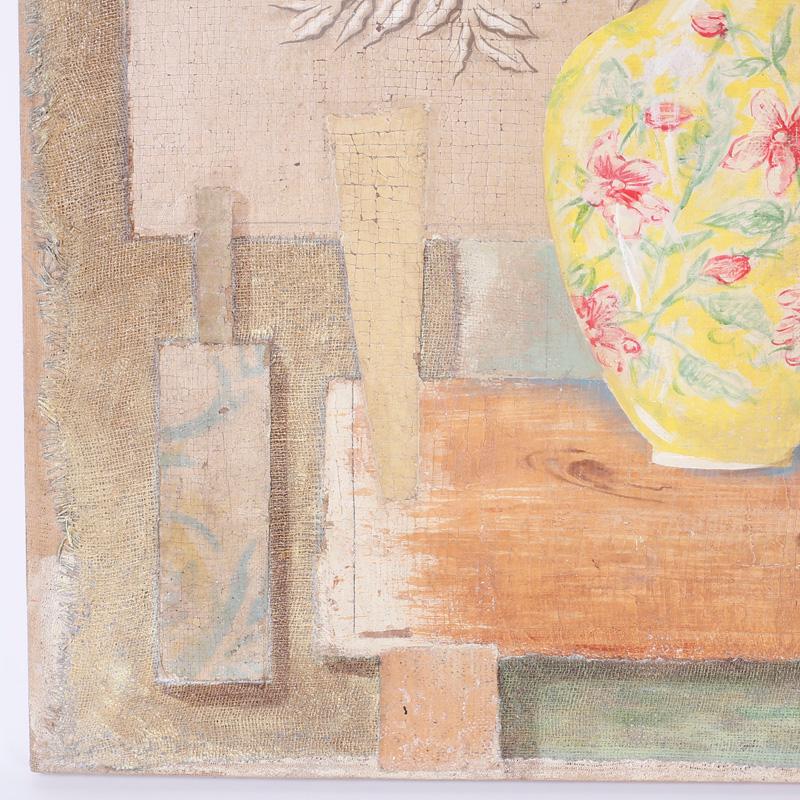 Oil painting and collage on burlap having a still life composition of two Chinese vases and a deconstructed interior with a warm silent ambiance. Signed Jacques Lamy in the lower right.