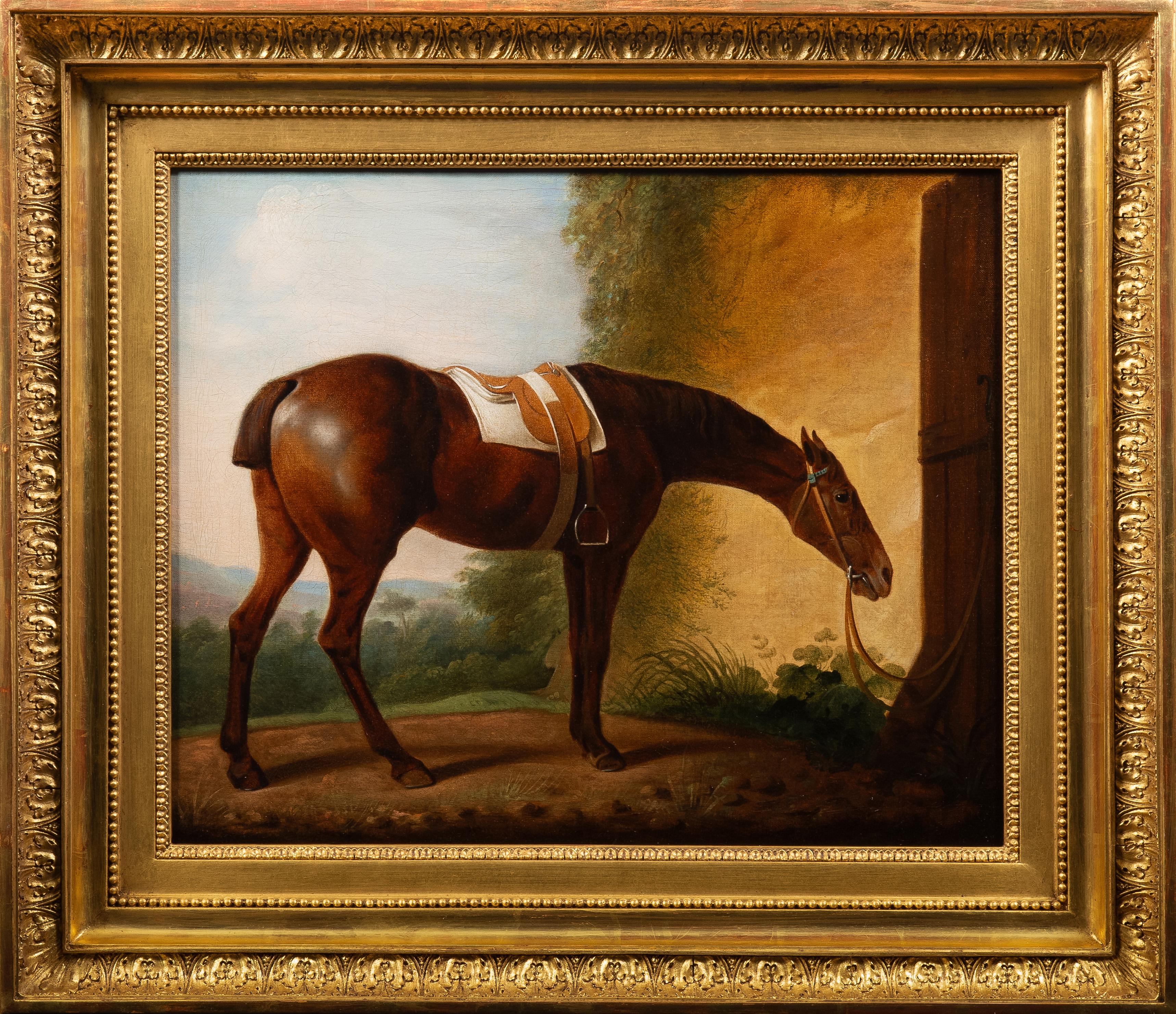 Animal Painting Jacques-Laurent Agasse - Un chasseur en selle attaché à une porte d'écurie, un paysage au-delà