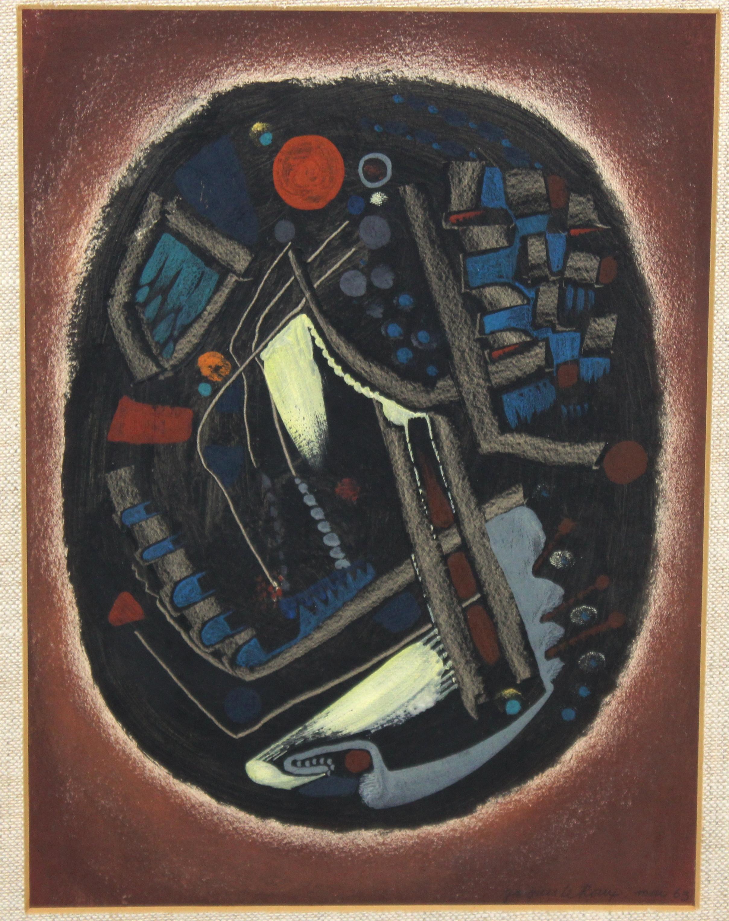 French abstract modernist mixed-media painting by Jacques Le Roux (French, 1923-2010). The piece is signed and dated 1963 in the lower right corner and framed in the original silver leaf frame. Created in egg tempera and pastel, the piece depicts