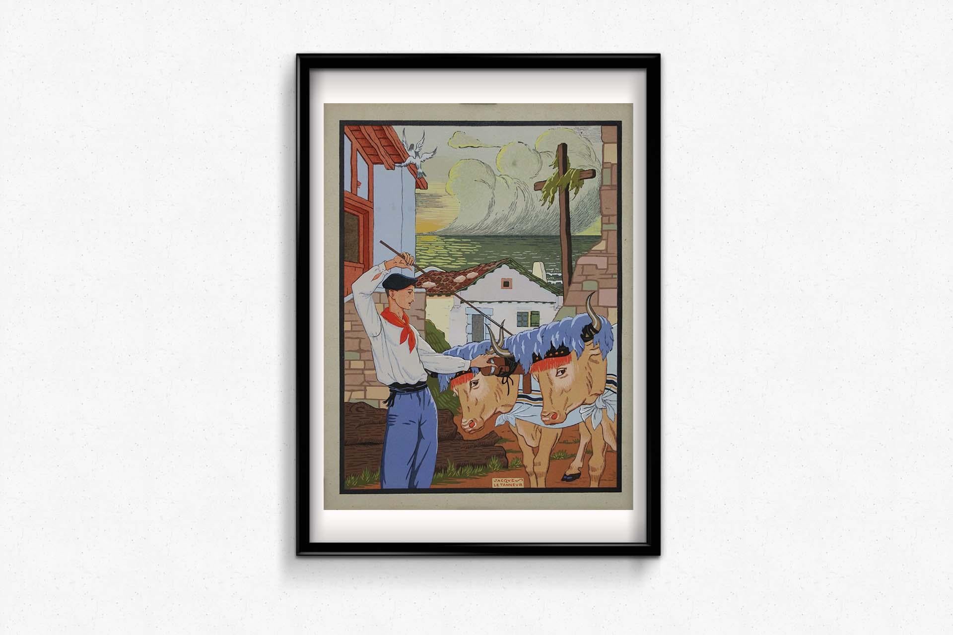 Schablone von Jacques Le Tanneur Basque Conduisant un Attelage de boeufs, ca. 1930 im Angebot 1