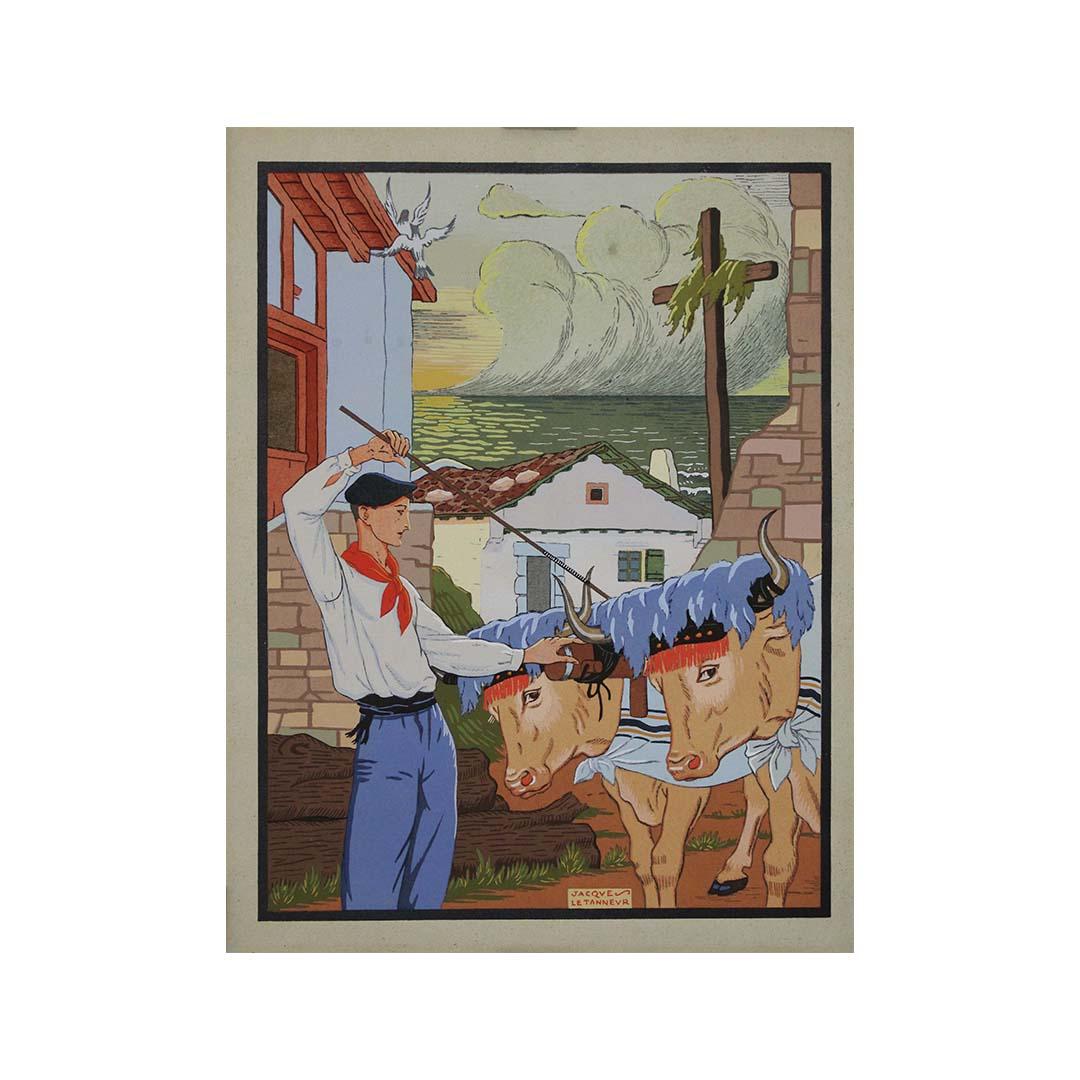 Schablone von Jacques Le Tanneur Basque Conduisant un Attelage de boeufs, ca. 1930 im Angebot 3