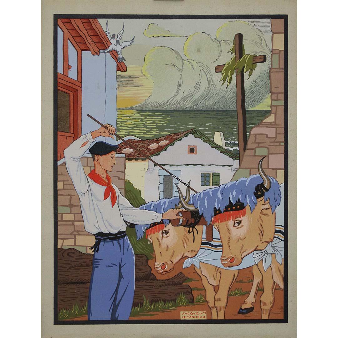 Die um 1930 entstandene Schablone von Jacques Le Tanneur mit dem Titel "Basque Conduisant un Attelage de Bœufs" ist ein bemerkenswertes Werk im Bereich der Kunst des frühen 20. Jahrhunderts. Jahrhunderts. Diese Schablone ist ein Beispiel für Le