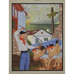 Plantilla de Jacques Le Tanneur, alrededor de 1930 Basque Conduisant un Attelage de boeufs