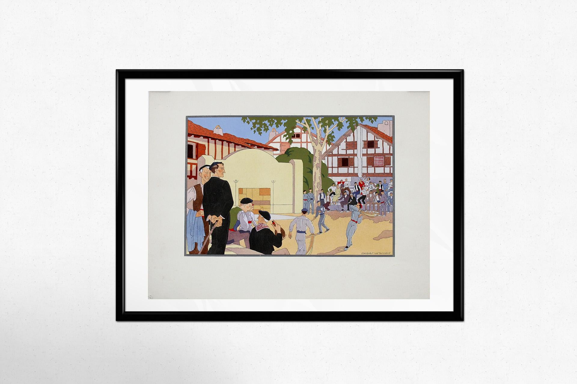 Circa 1930 impression au pochoir, La partie de pelote basque par Jacques Le Tanneur en vente 2