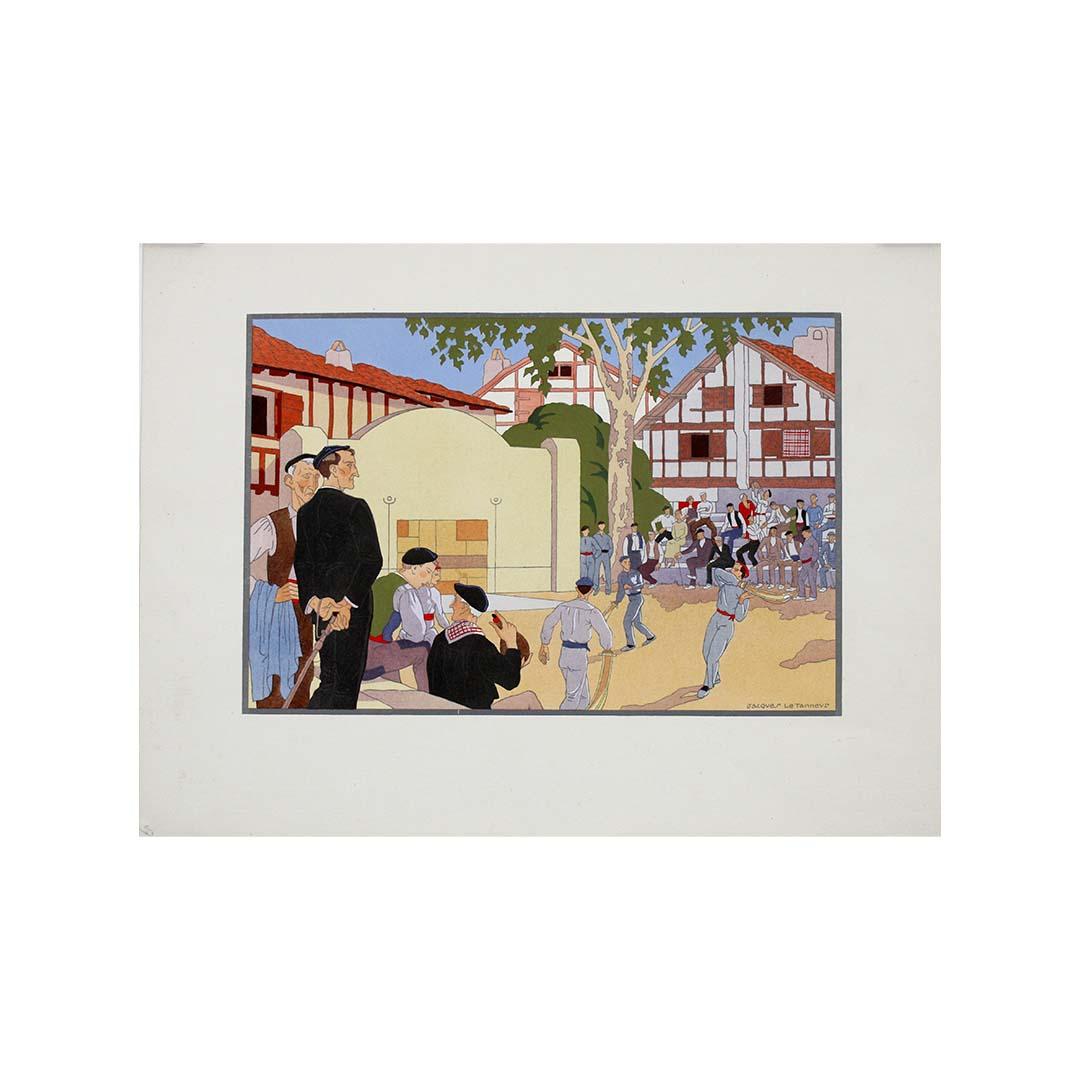Circa 1930 impression au pochoir, La partie de pelote basque par Jacques Le Tanneur en vente 3