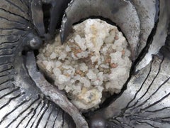 1970s French Brutalist Welded Steel and Raw Mineral Specimen Sculpture Signed