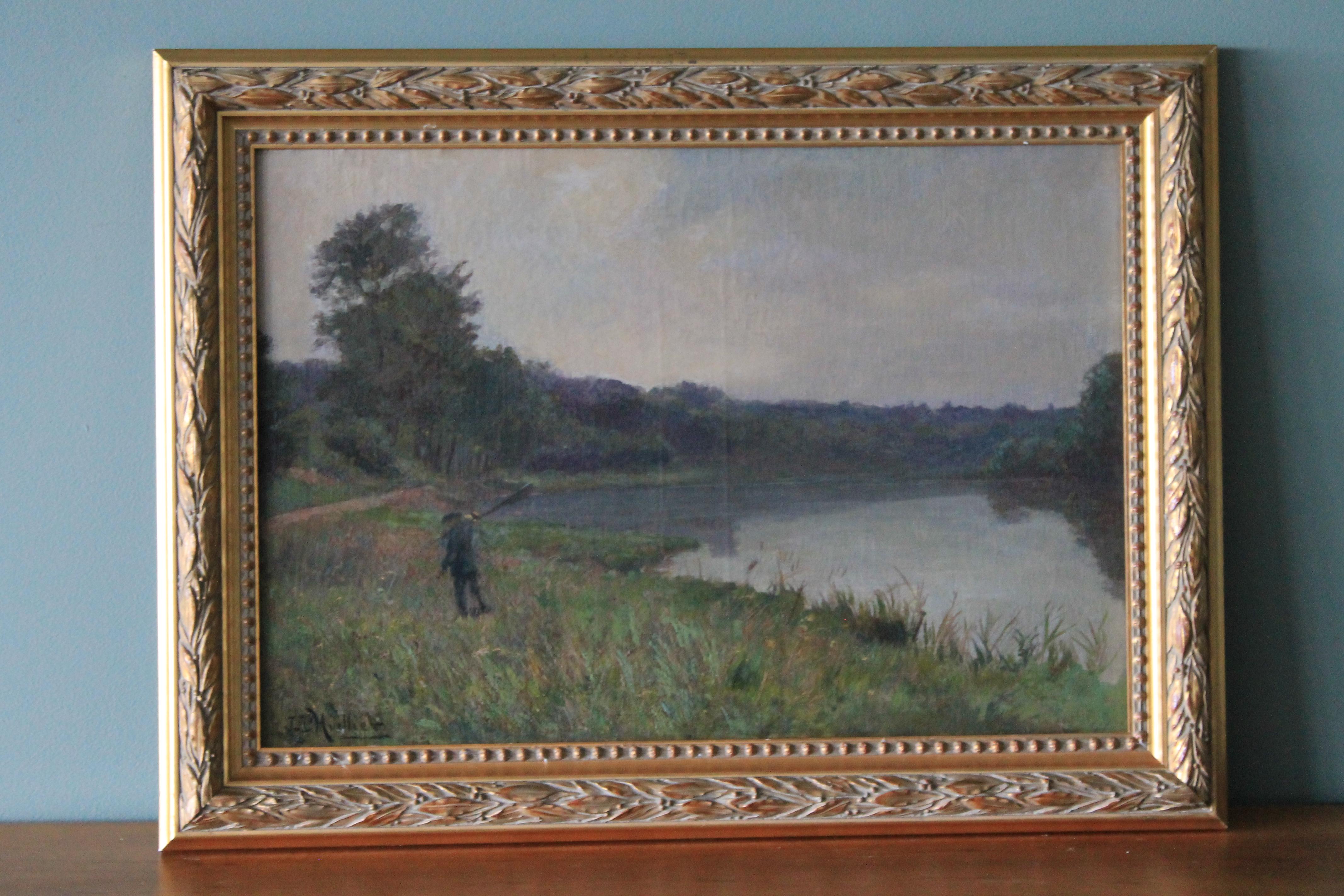 Pastoral landscape oil painting by Jacques L'Huillier, French antique riverscape 1