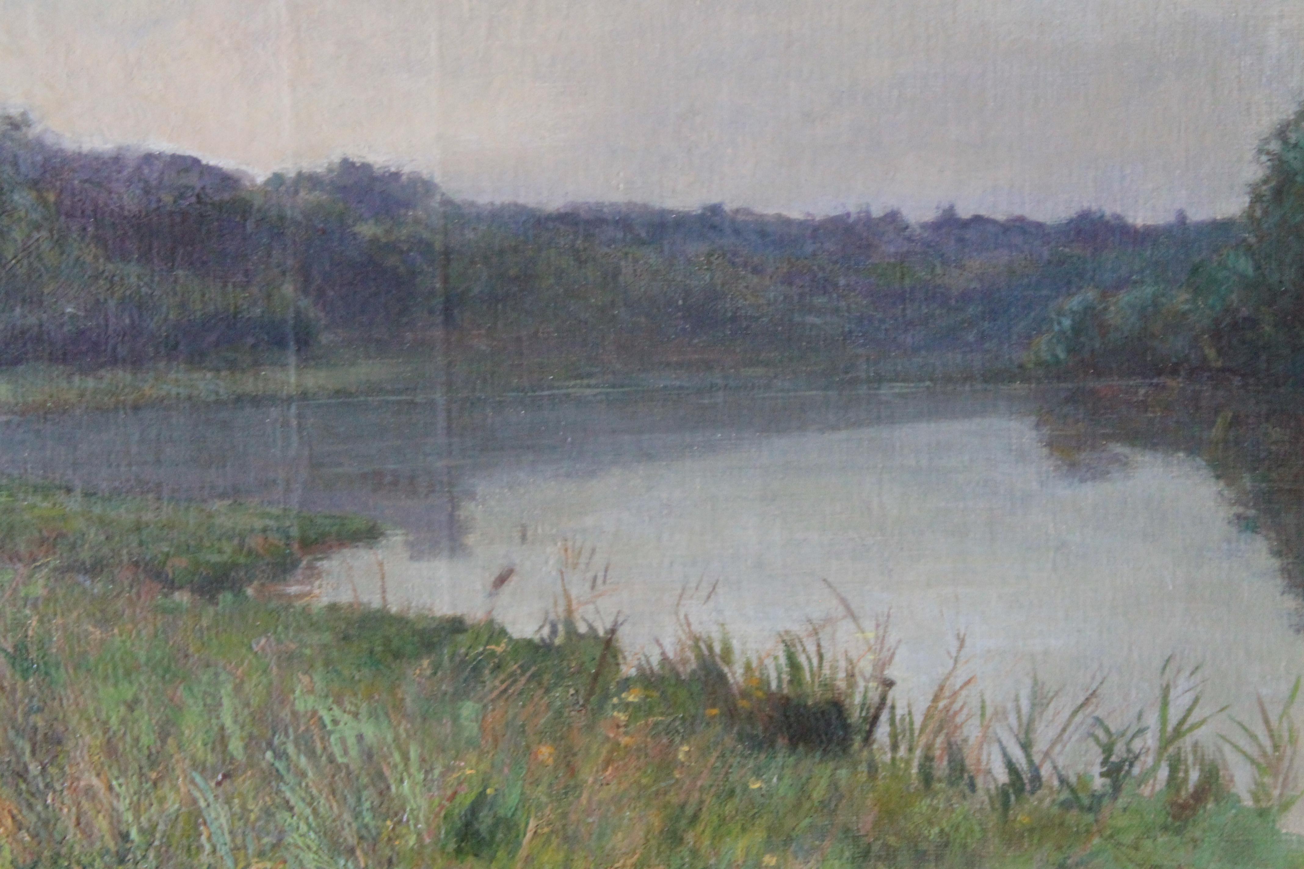 Peinture à l'huile de paysage champêtre par Jacques L'Huillier, paysage fluvial ancien français 1