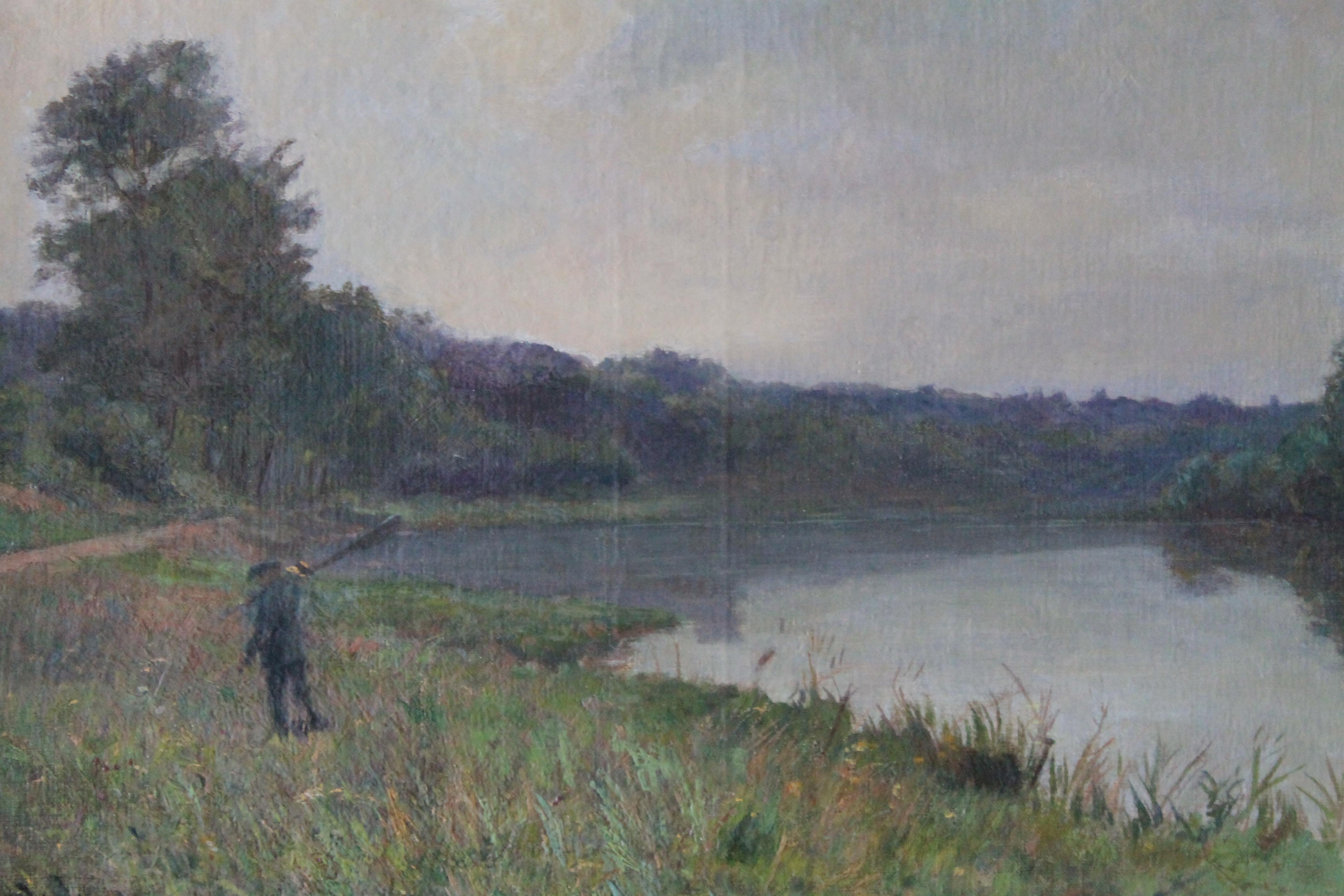 Antique French landscape oil painting by French artist, Jacques L'Huillier.   The silver lilac sky is heavy and ready to give up the last of the day's light.  A man walks through long grass towards the path that will take him home, hopefully to a