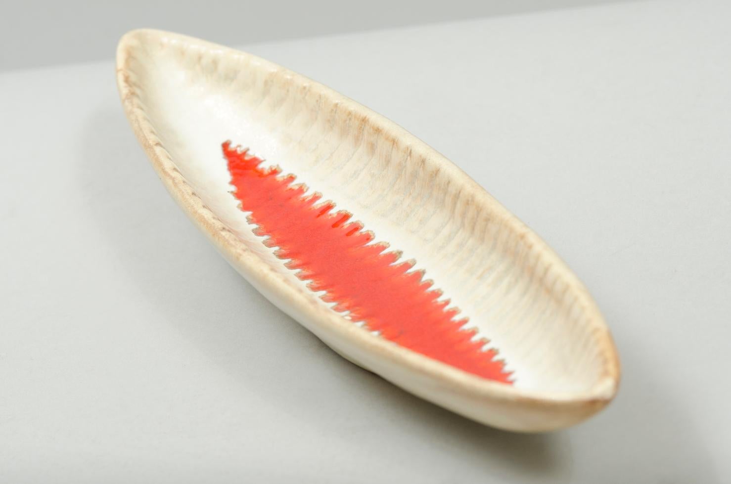 Glazed midcentury Jacques Lignier fusiform shape ceramic bowl or vide-poche.