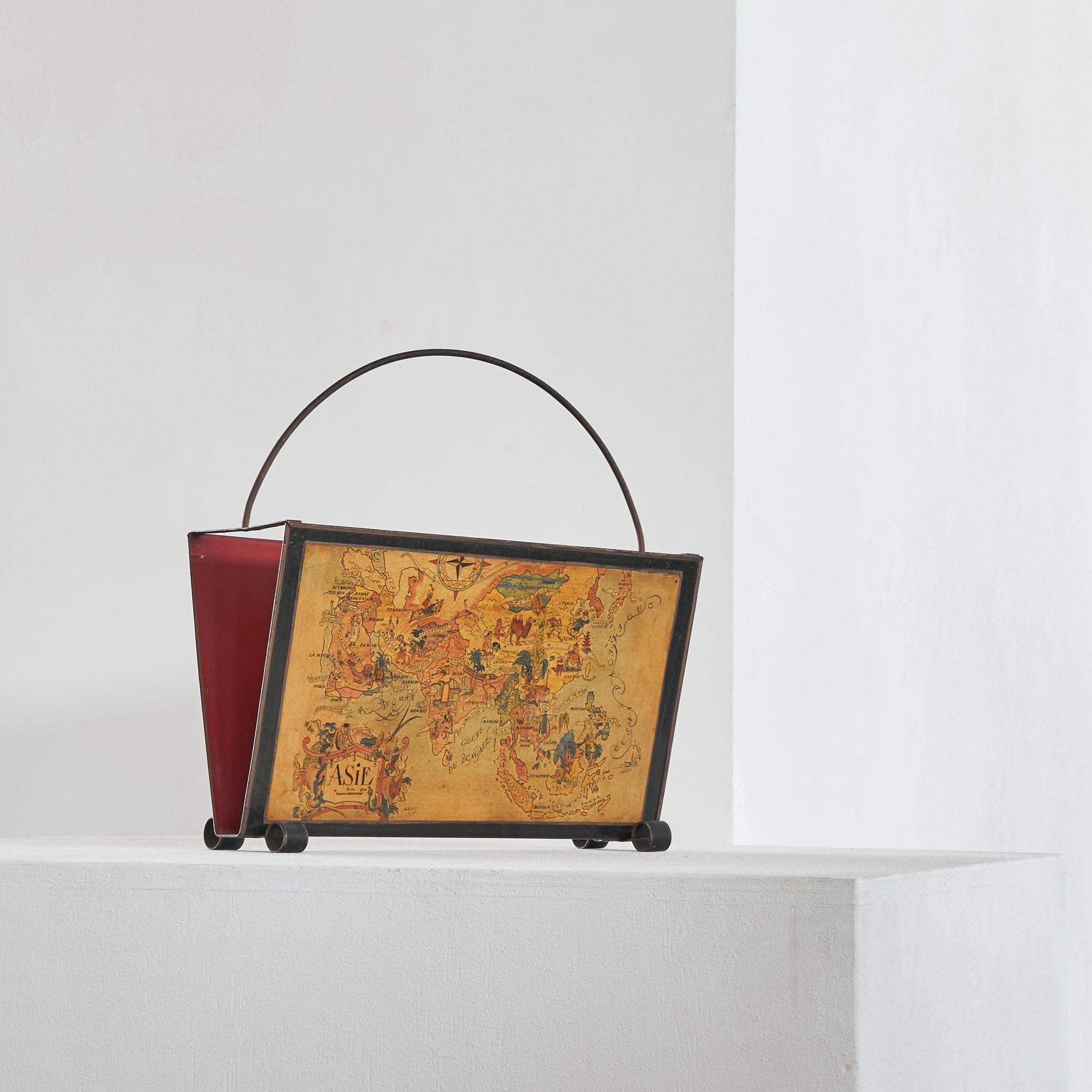 Mid-Century Modern Jacques Liozu Magazine Rack with Whimsical Silk Screened Maps France 1950s For Sale