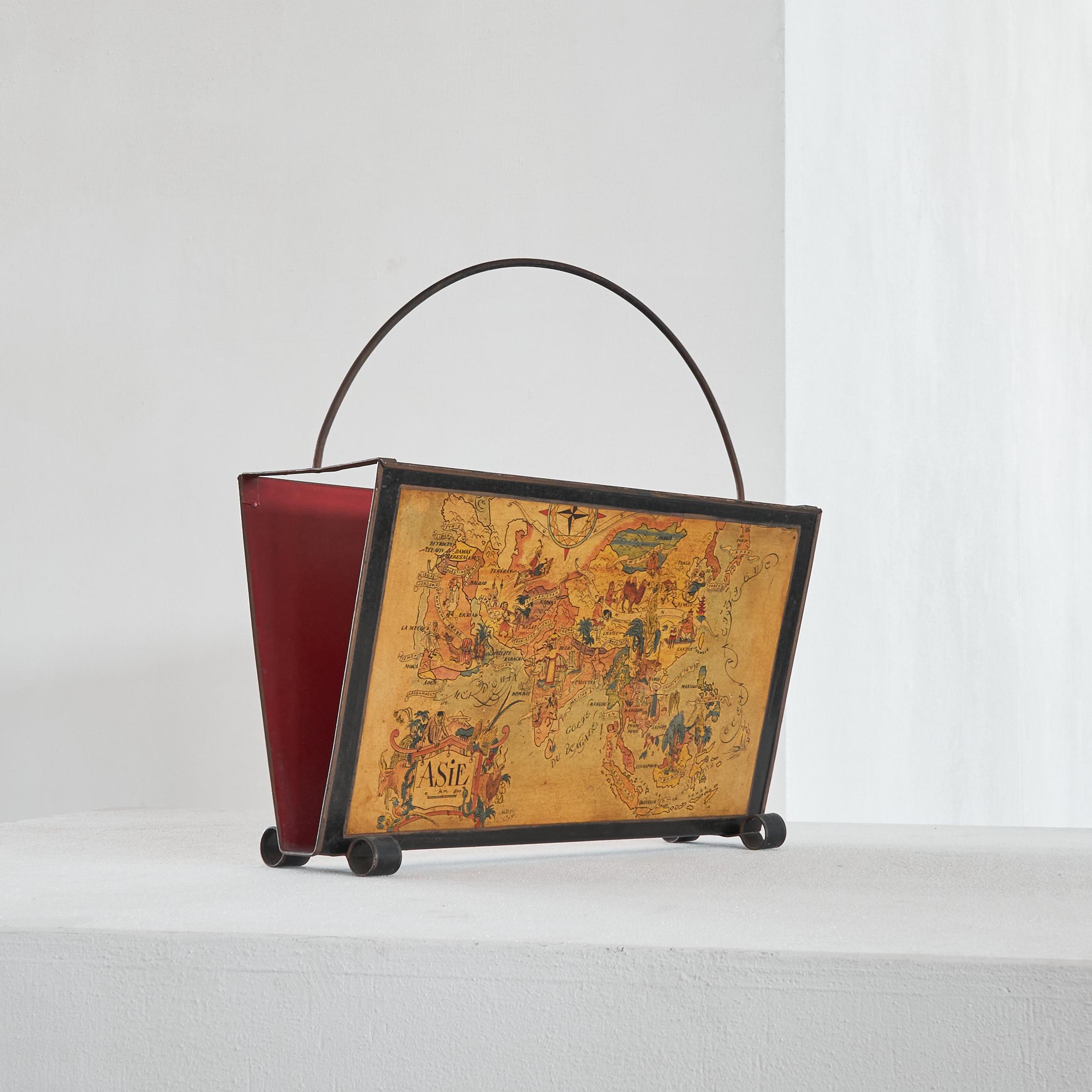 French Jacques Liozu Magazine Rack with Whimsical Silk Screened Maps France 1950s For Sale