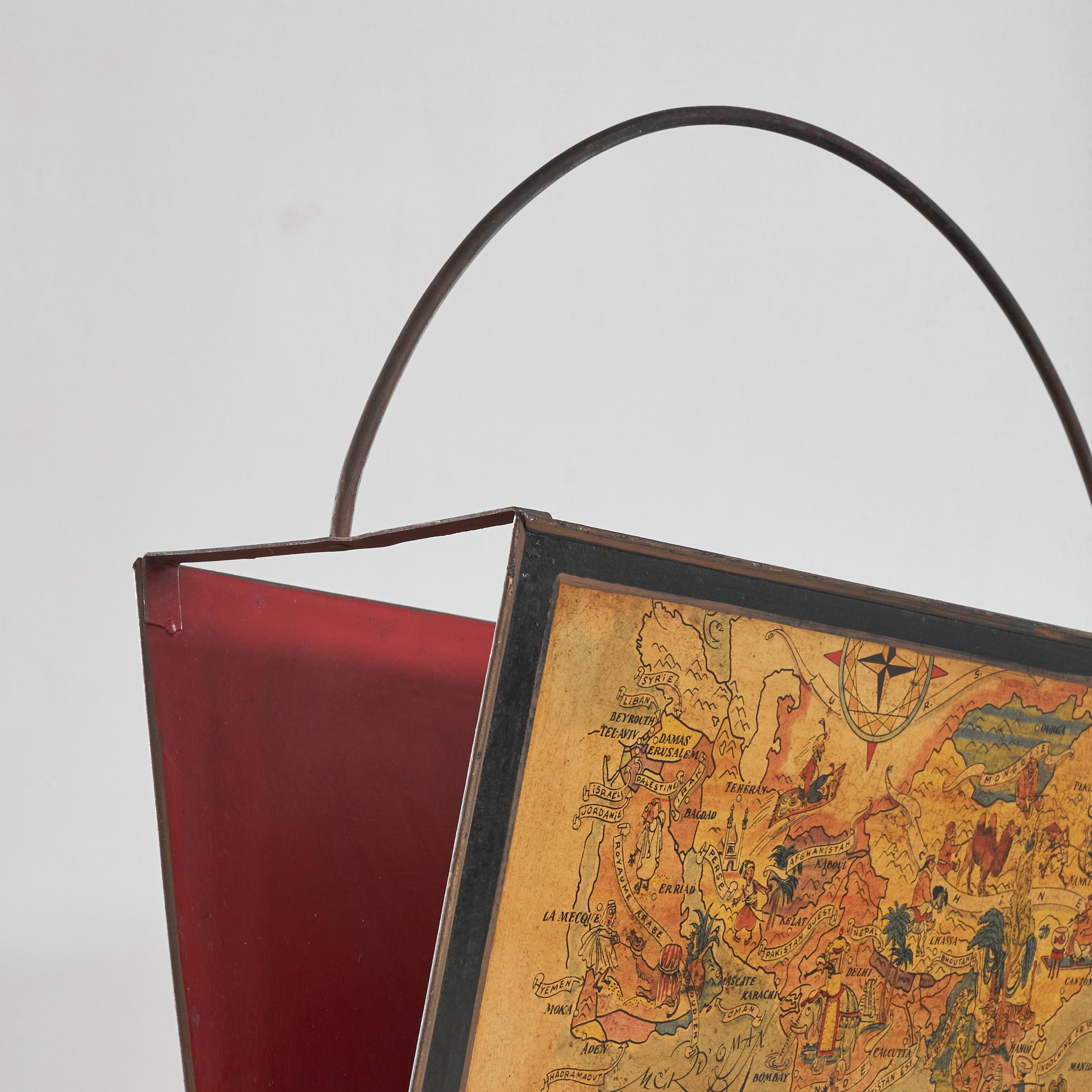 Hand-Crafted Jacques Liozu Magazine Rack with Whimsical Silk Screened Maps France 1950s For Sale