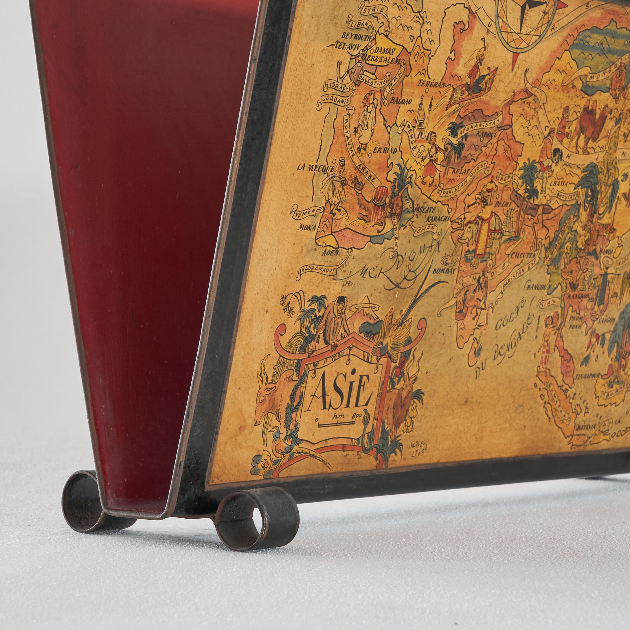 Jacques Liozu Magazine Rack with Whimsical Silk Screened Maps France 1950s In Good Condition For Sale In Tilburg, NL