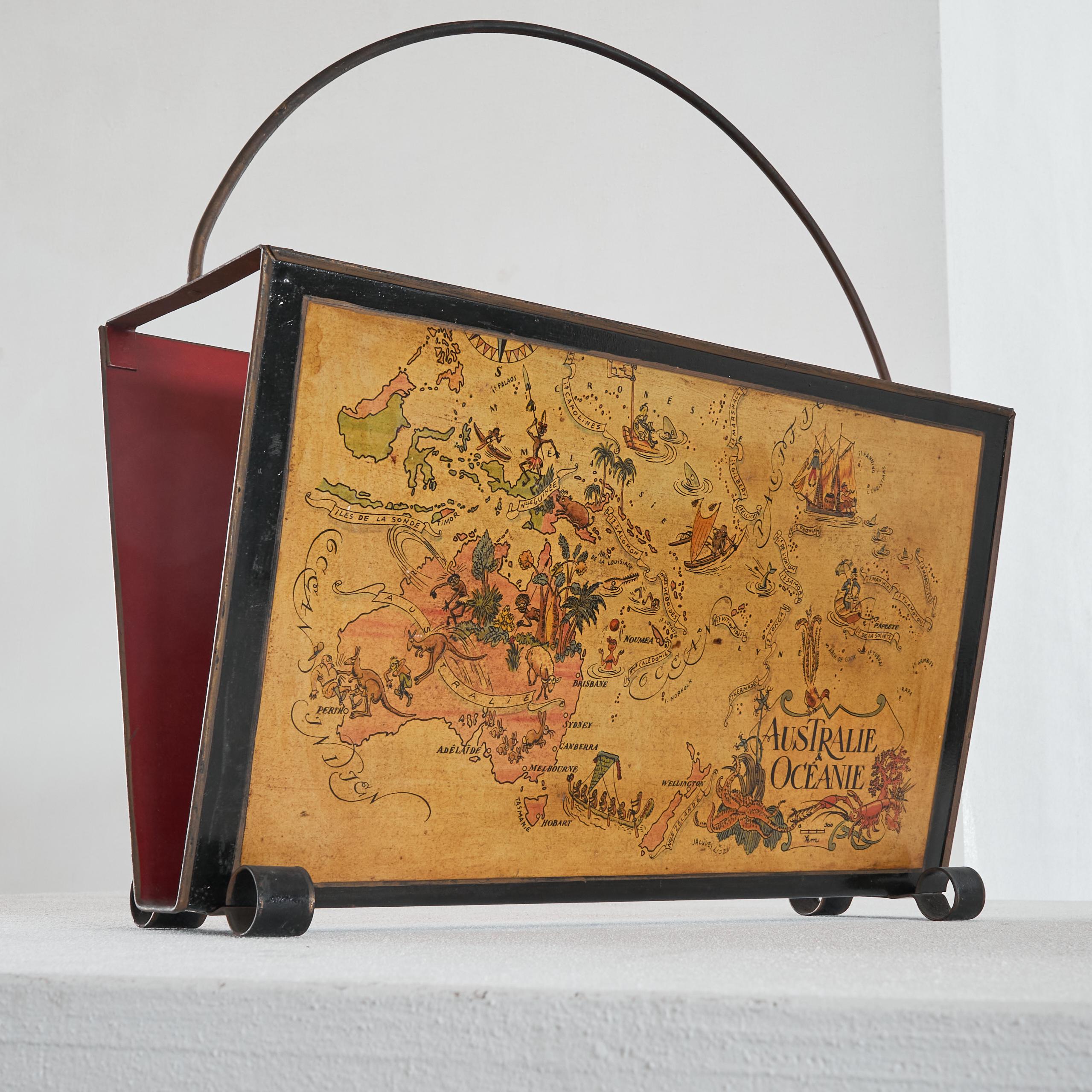 Jacques Liozu Magazine Rack with Whimsical Silk Screened Maps France 1950s For Sale 1