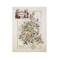 1951 Einzigartige illustrierte Karte von Jacques Liozu für die Champagner Region