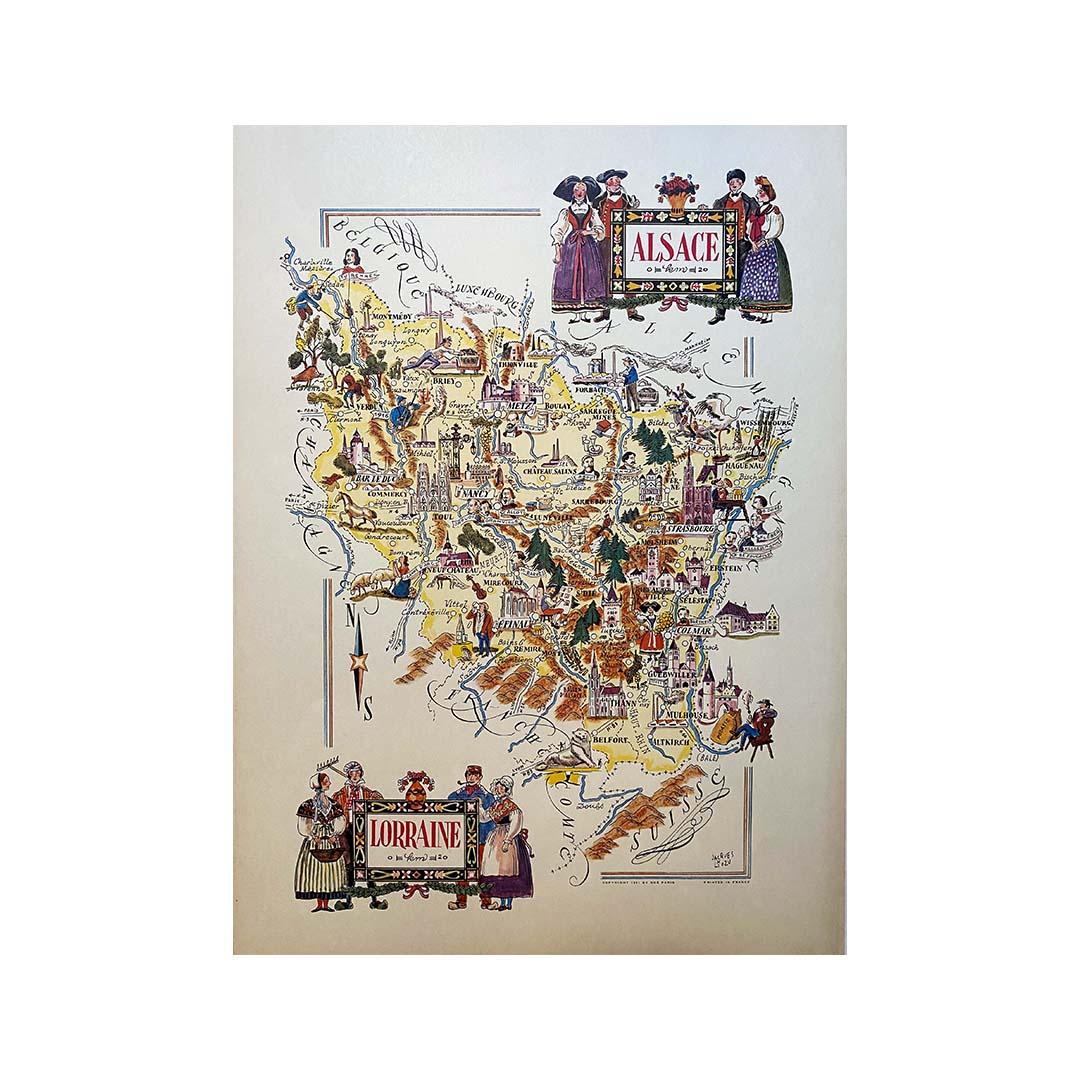 Jacques Liozu's 1951 illustrated map of Alsace and Lorraine in France For Sale 1