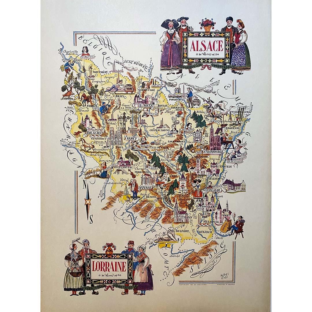 Jacques Liozu's 1951 illustrated map of Alsace and Lorraine is a remarkable work of cartography that blends art and geography to offer a poetic and moving vision of these emblematic regions of France. Jacques Liozu, the renowned French