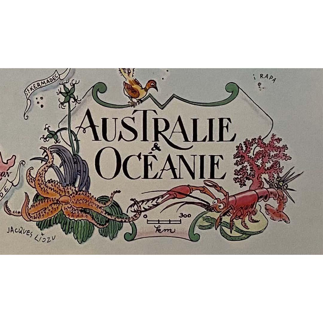 Carte illustrée de Jacques Liozu représentant l'Australie et l'Océanie, 1951 en vente 2
