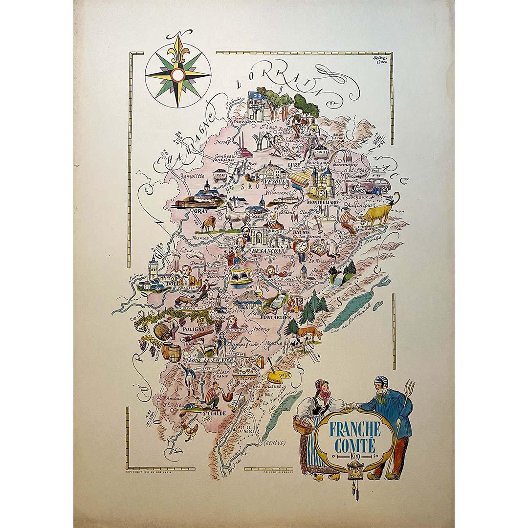 Jacques Liozu's 1951 illustrated map of Franche-Comté is a cartographic work of great beauty and precision. Jacques Liozu, a renowned French artist and cartographer, created this map to highlight the richness and diversity of this emblematic region