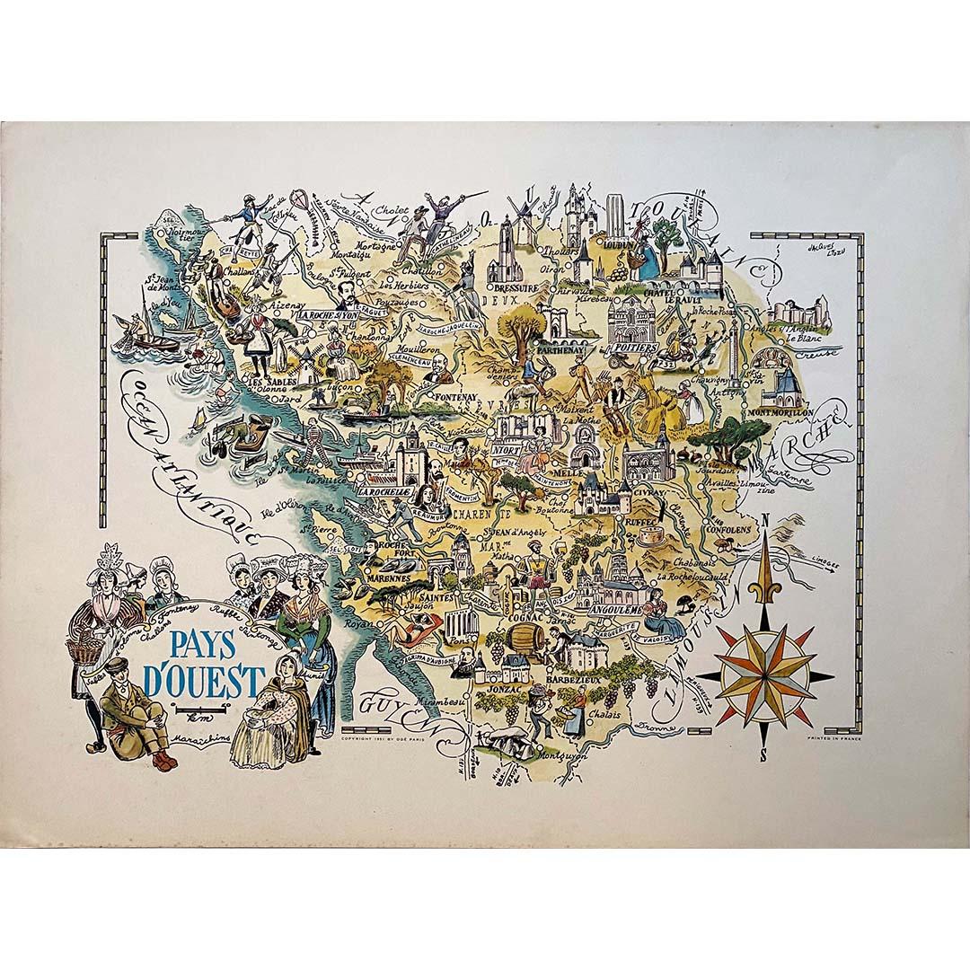 Jacques Liozu's 1951 illustrated map of the Pays d'Ouest is a remarkable cartographic work that skilfully combines art and geography. Jacques Liozu, the famous French artist-cartographer, created this map to highlight the regions of western France