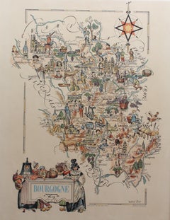 Original Retro Burgundy Map Poster by Jacques Liozu, 1951