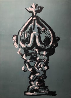Gran Escultura Litografía Cubista Modernista Francesa Imagen Firmada Lápiz