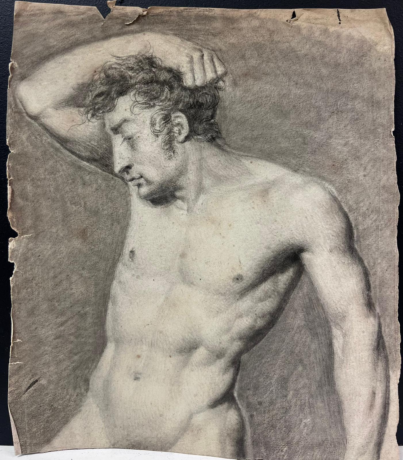 Pregevole studio neoclassico francese del 1800 di nudo maschile, disegno dettagliato a matita - Painting di Jacques-Louis David