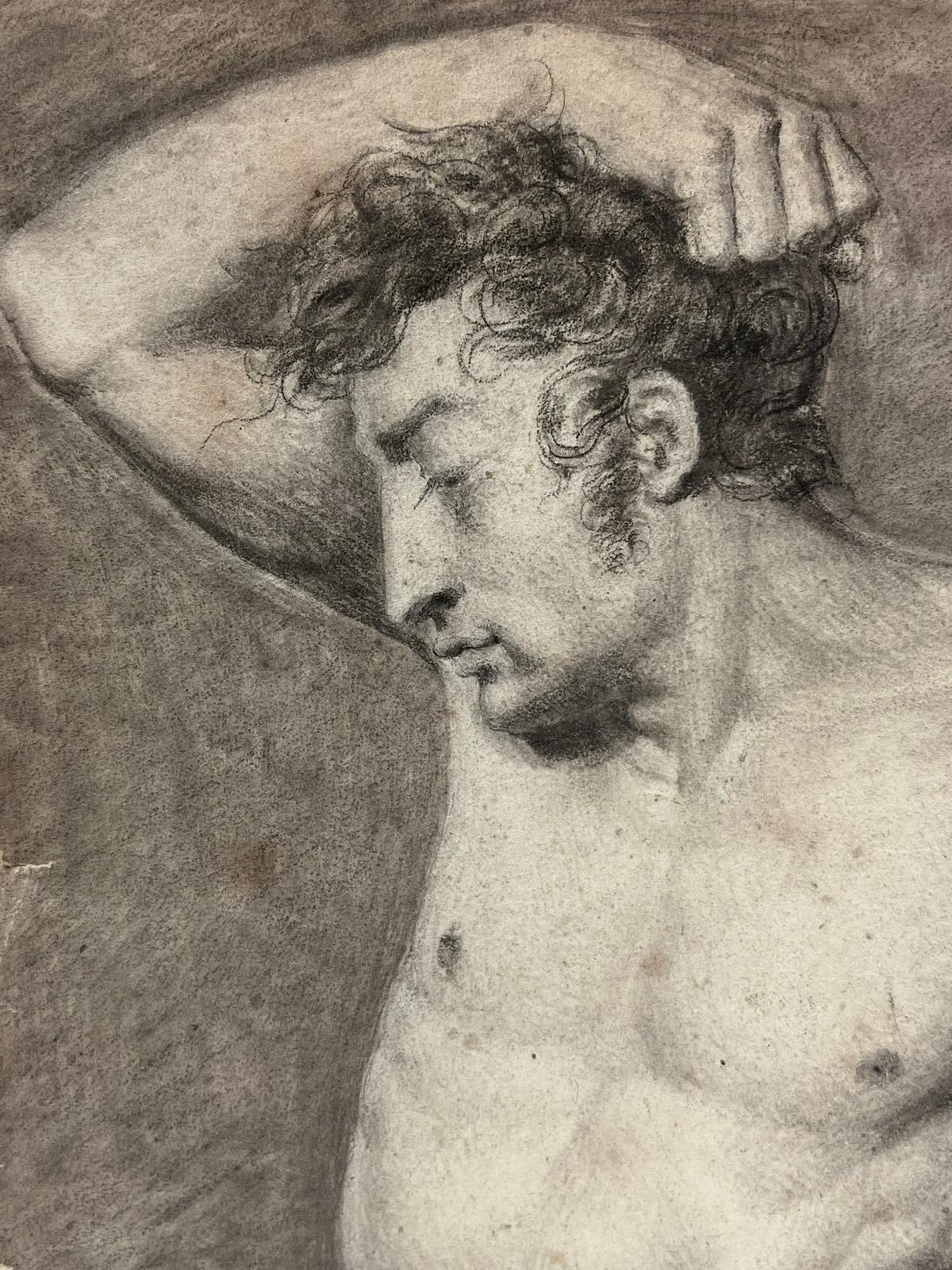 Pregevole studio neoclassico francese del 1800 di nudo maschile, disegno dettagliato a matita 1