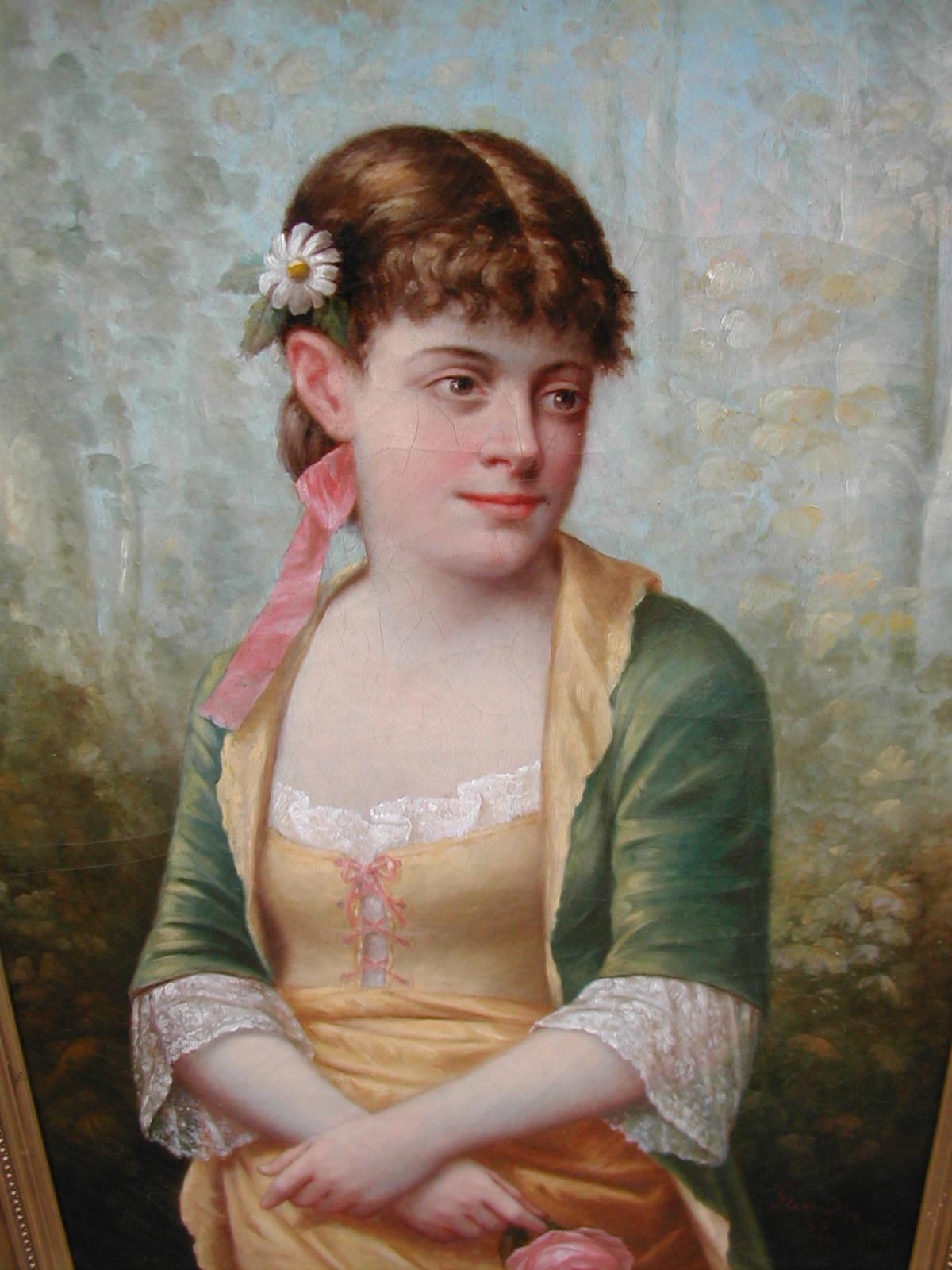 Young Woman With A Rose Signed Grandin Dated 1888 - Painting by Jacques Louis Michel GRANDIN