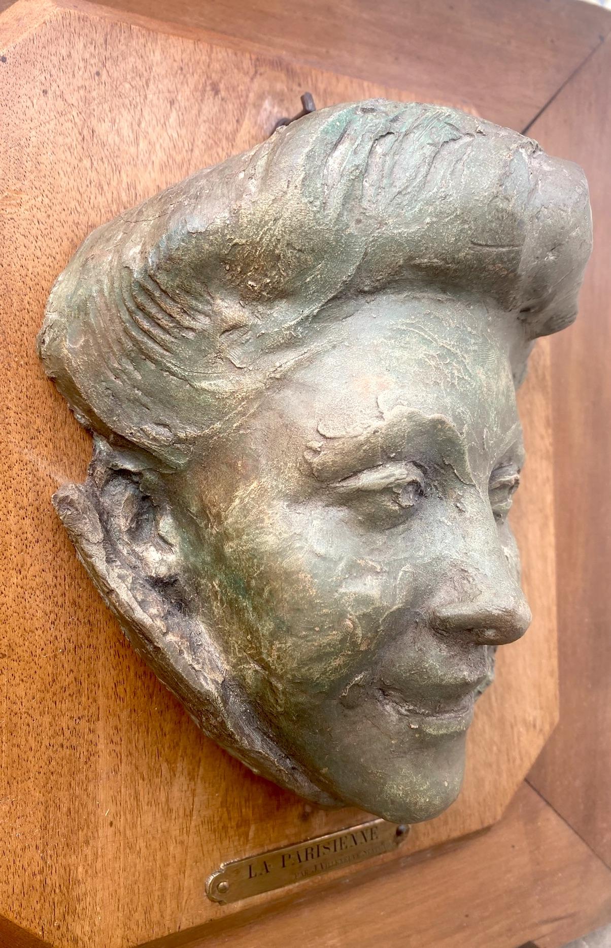 La Parisienne: Art Nouveau Belle Epoque young lady with a gleam in here eye - Brown Figurative Sculpture by Jacques Louis Villeneuve 