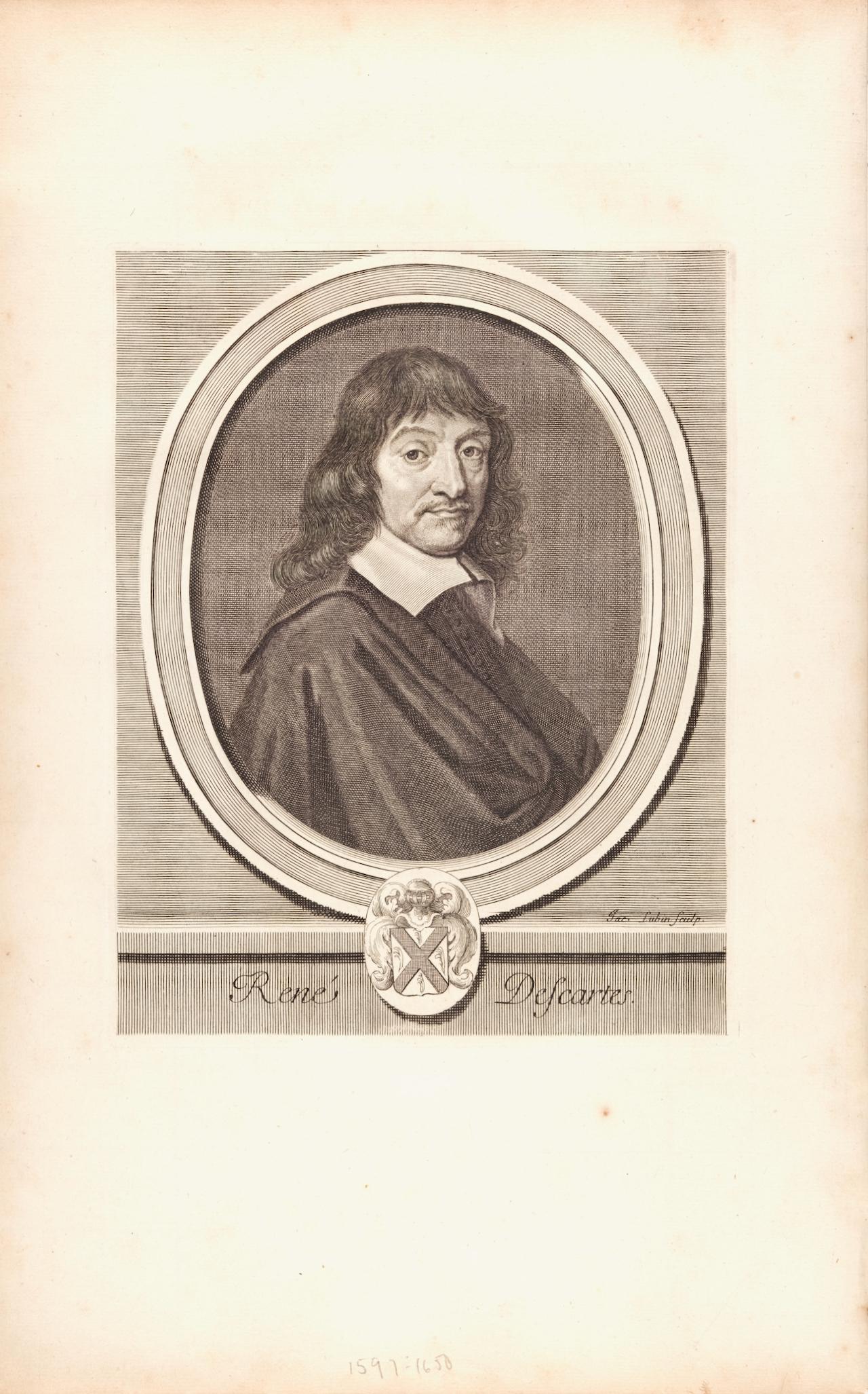 Rene Descartes Portrait: 17th C. Engraving by Lubin in Perrault's Les Hommes - Print by Jacques Lubin