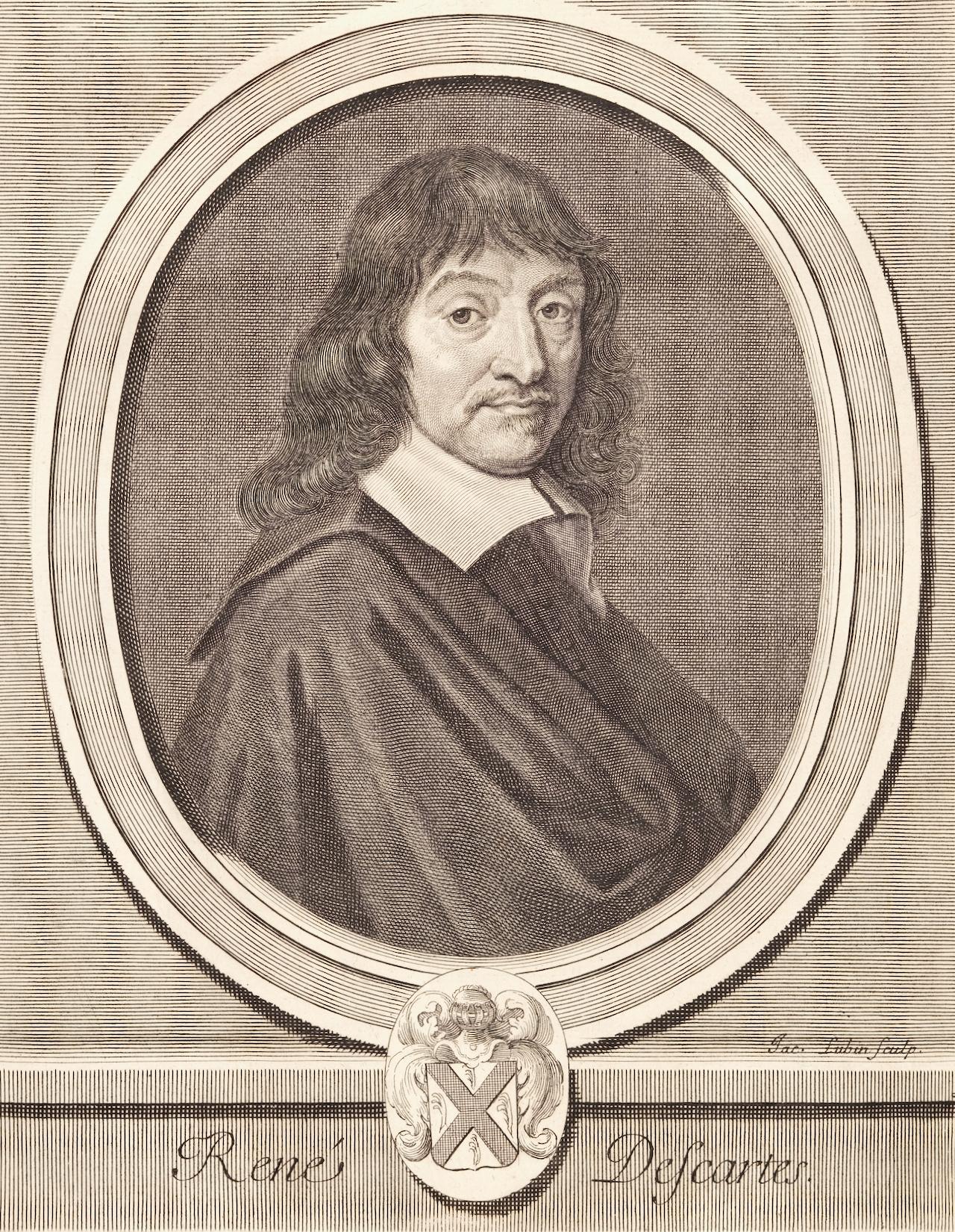 Jacques Lubin Still-Life Print - Rene Descartes Portrait: 17th C. Engraving by Lubin in Perrault
s Les Hommes