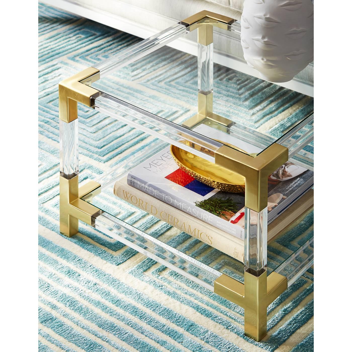Contemporary Jacques Lucite and Brass Two-Tier Accent Table For Sale