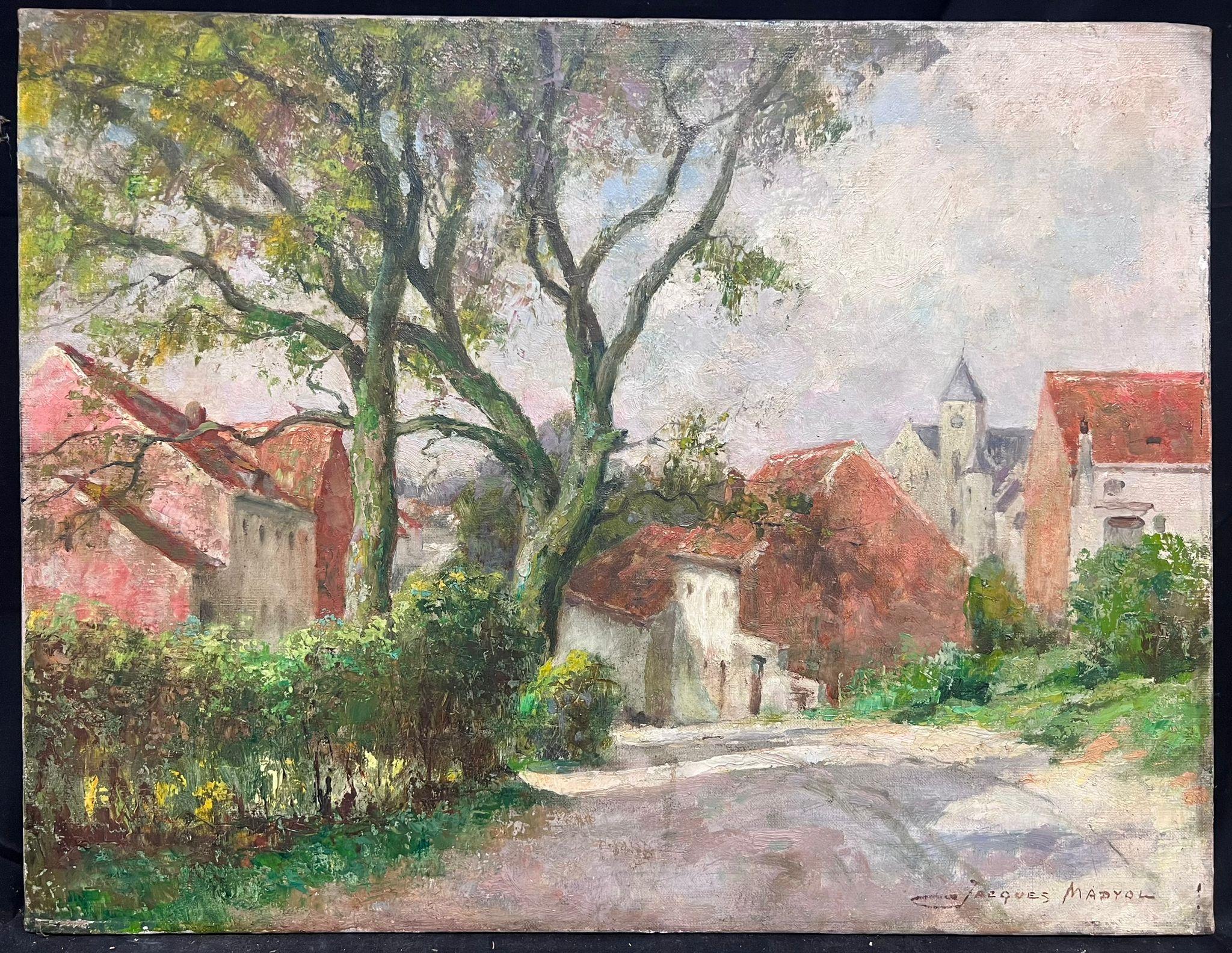 1930's Belgian Impressionist Signed Large Oil Dappled Lit Autumn Street Village – Painting von Jacques Madyol