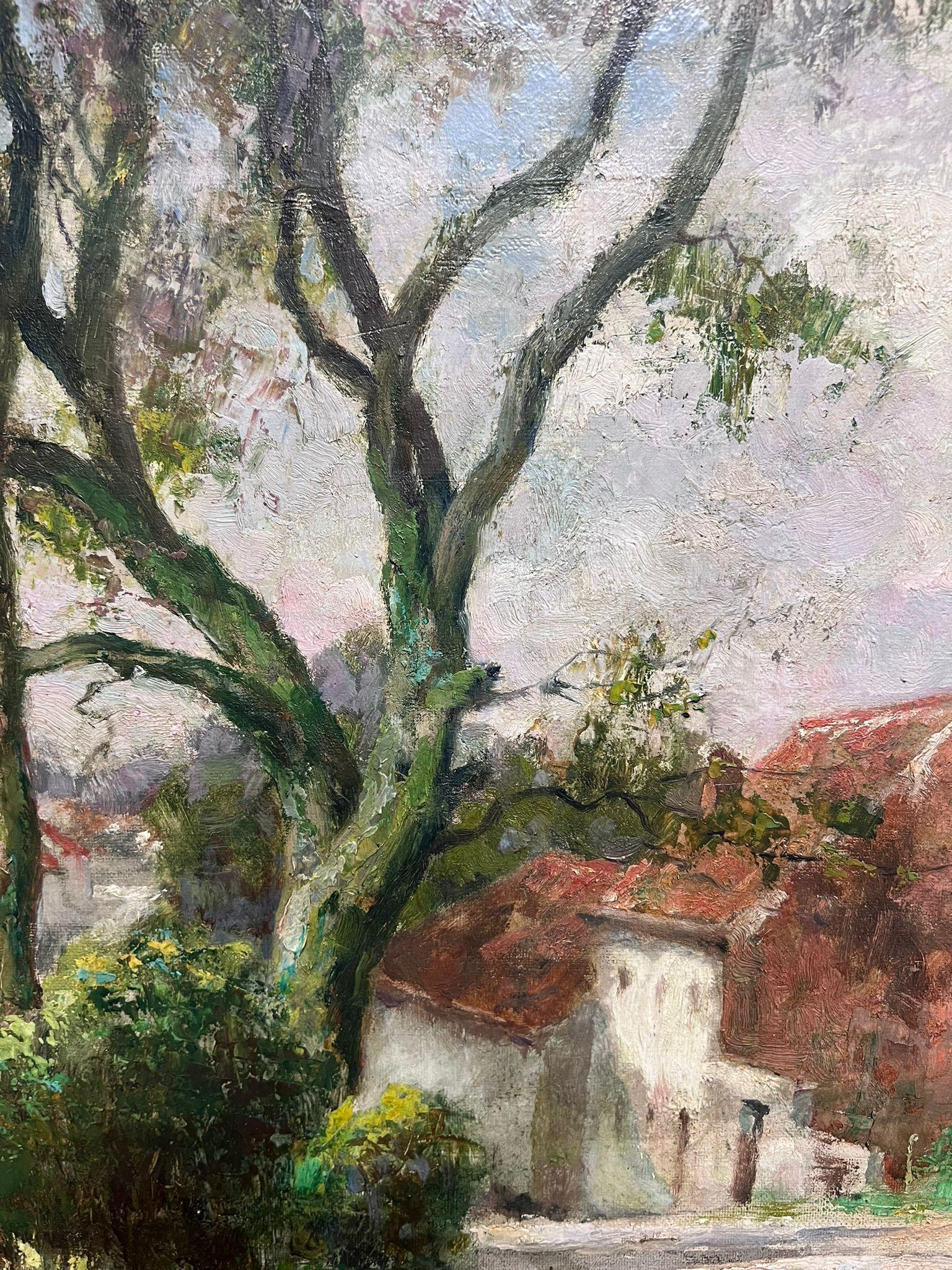 1930's Belgian Impressionist Signed Large Oil Dappled Lit Autumn Street Village (Braun), Landscape Painting, von Jacques Madyol