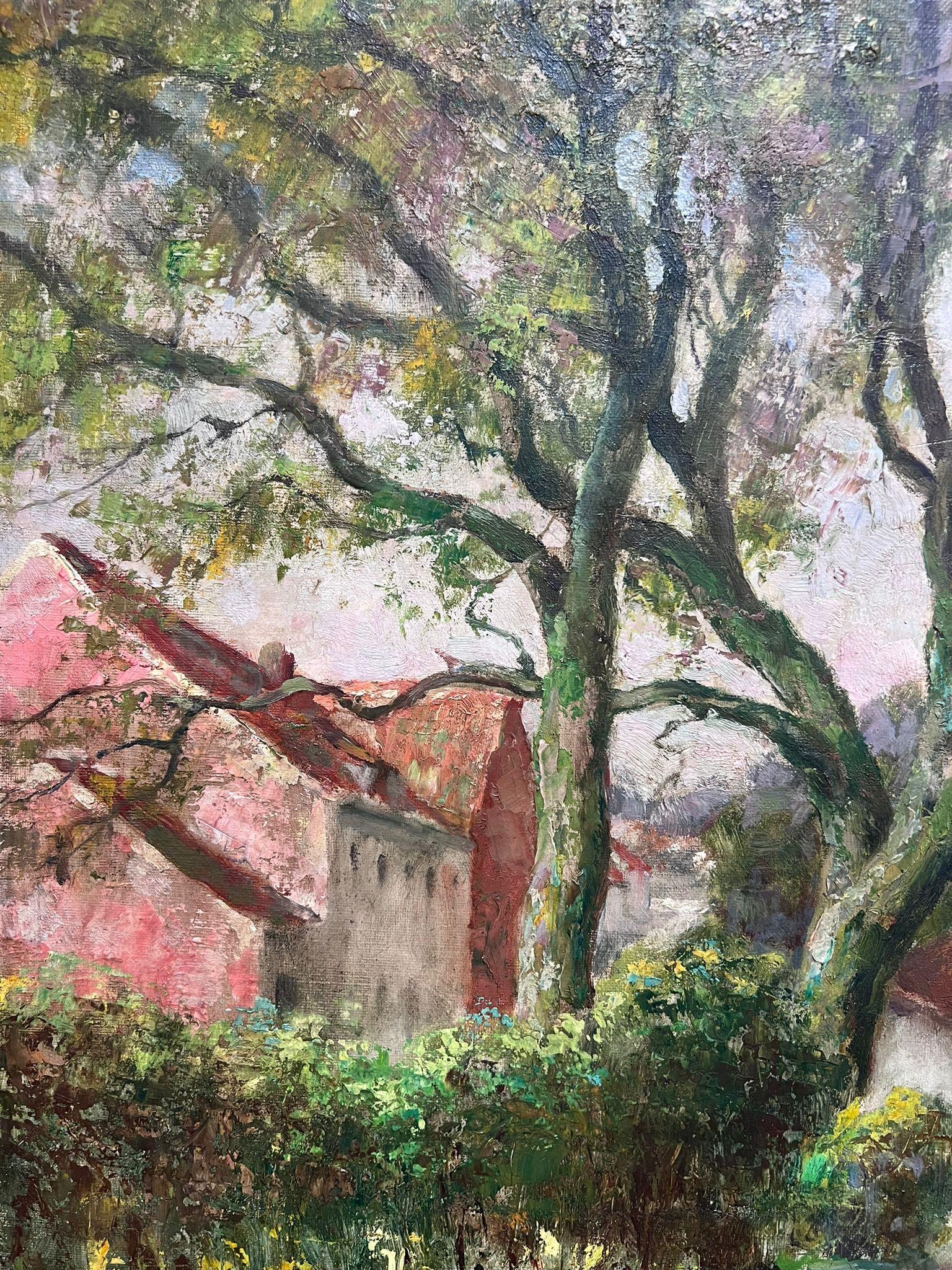 1930's Belgian Impressionist Signed Large Oil Dappled Lit Autumn Street Village im Angebot 1