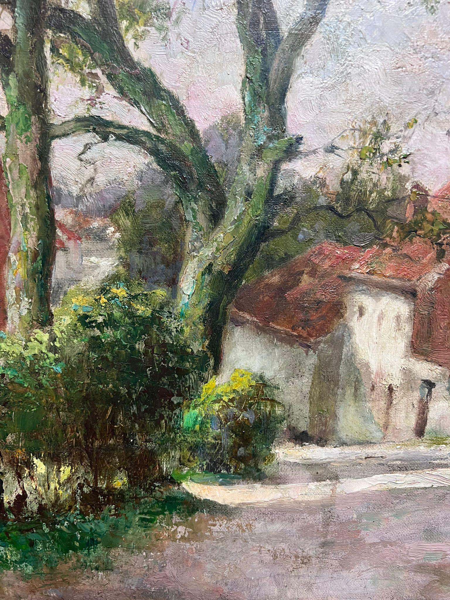 1930's Belgian Impressionist Signed Large Oil Dappled Lit Autumn Street Village im Angebot 2