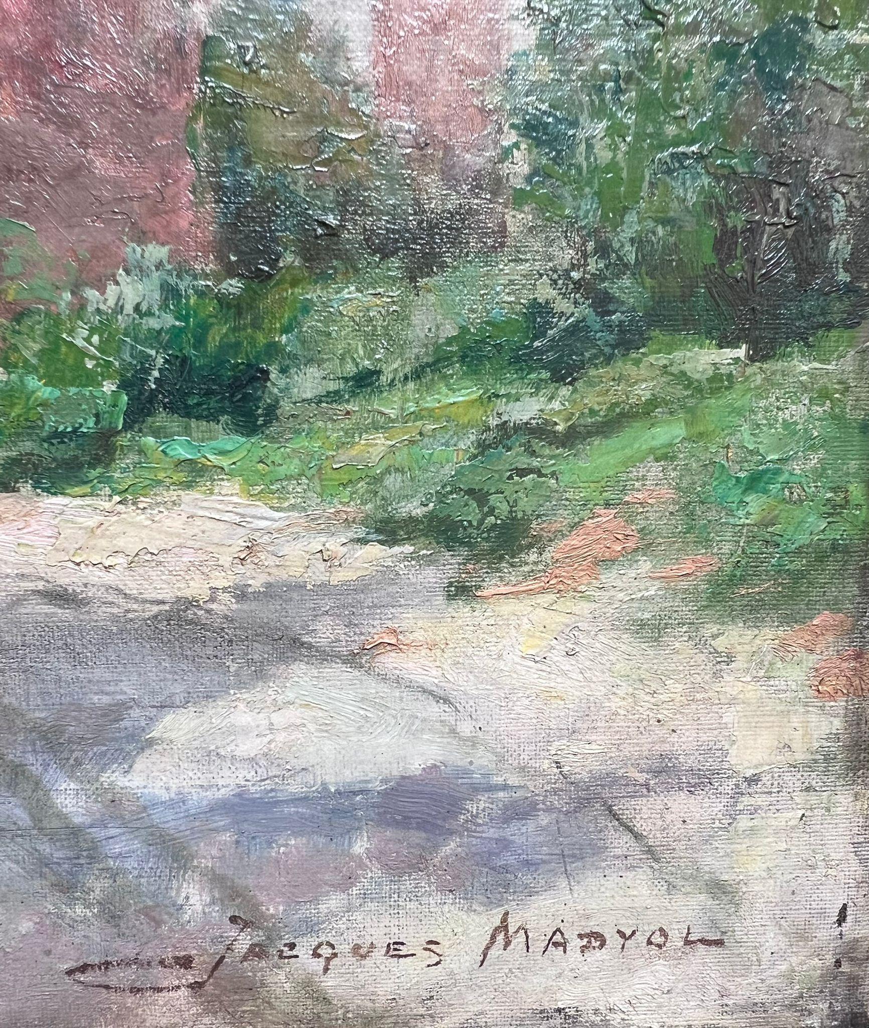 1930's Belgian Impressionist Signed Large Oil Dappled Lit Autumn Street Village im Angebot 3