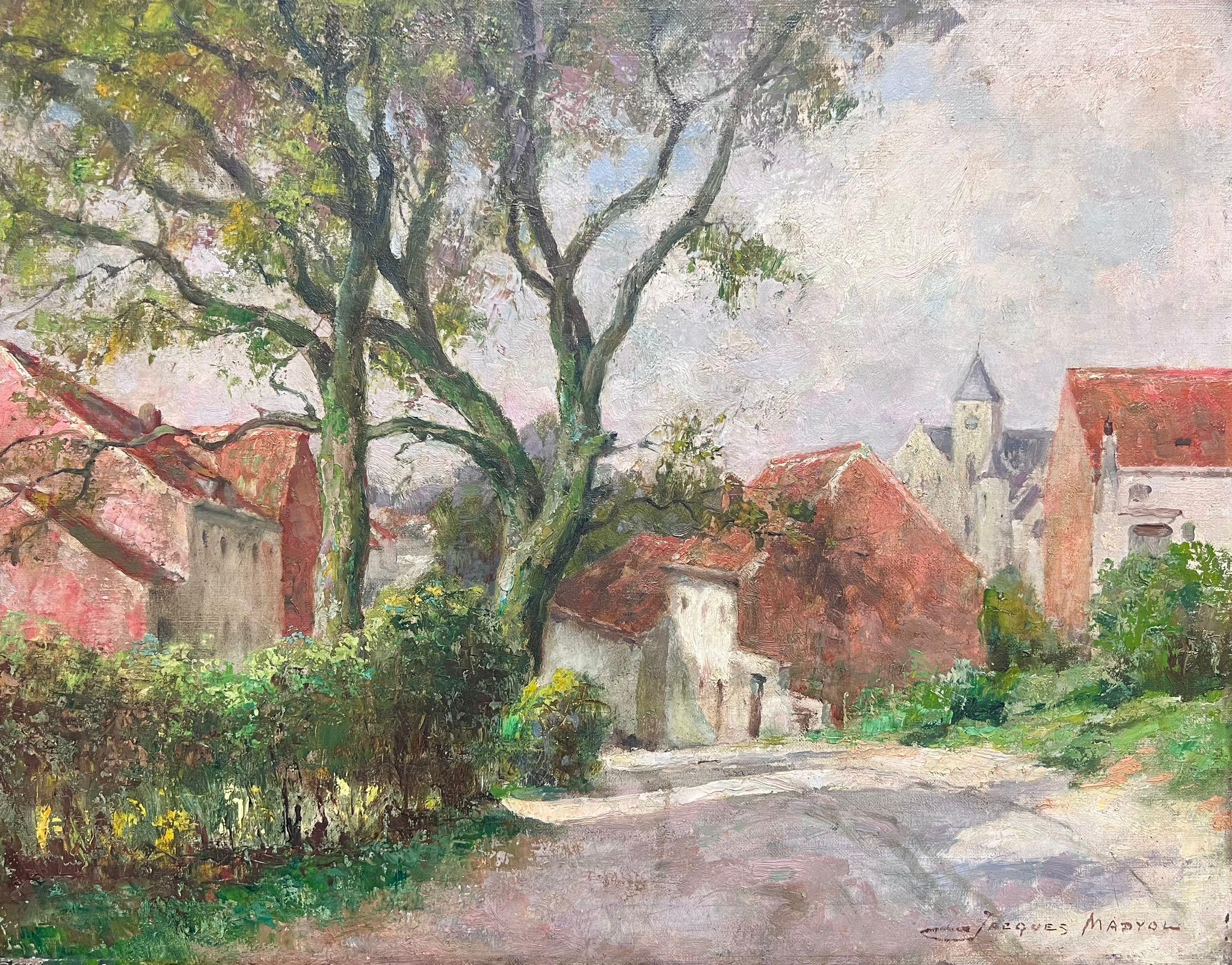 Jacques Madyol Landscape Painting – 1930's Belgian Impressionist Signed Large Oil Dappled Lit Autumn Street Village