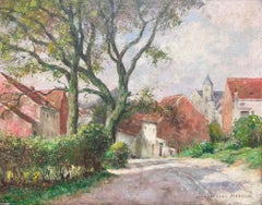 1930's Belgian Impressionist Signed Large Oil Dappled Lit Autumn Street Village